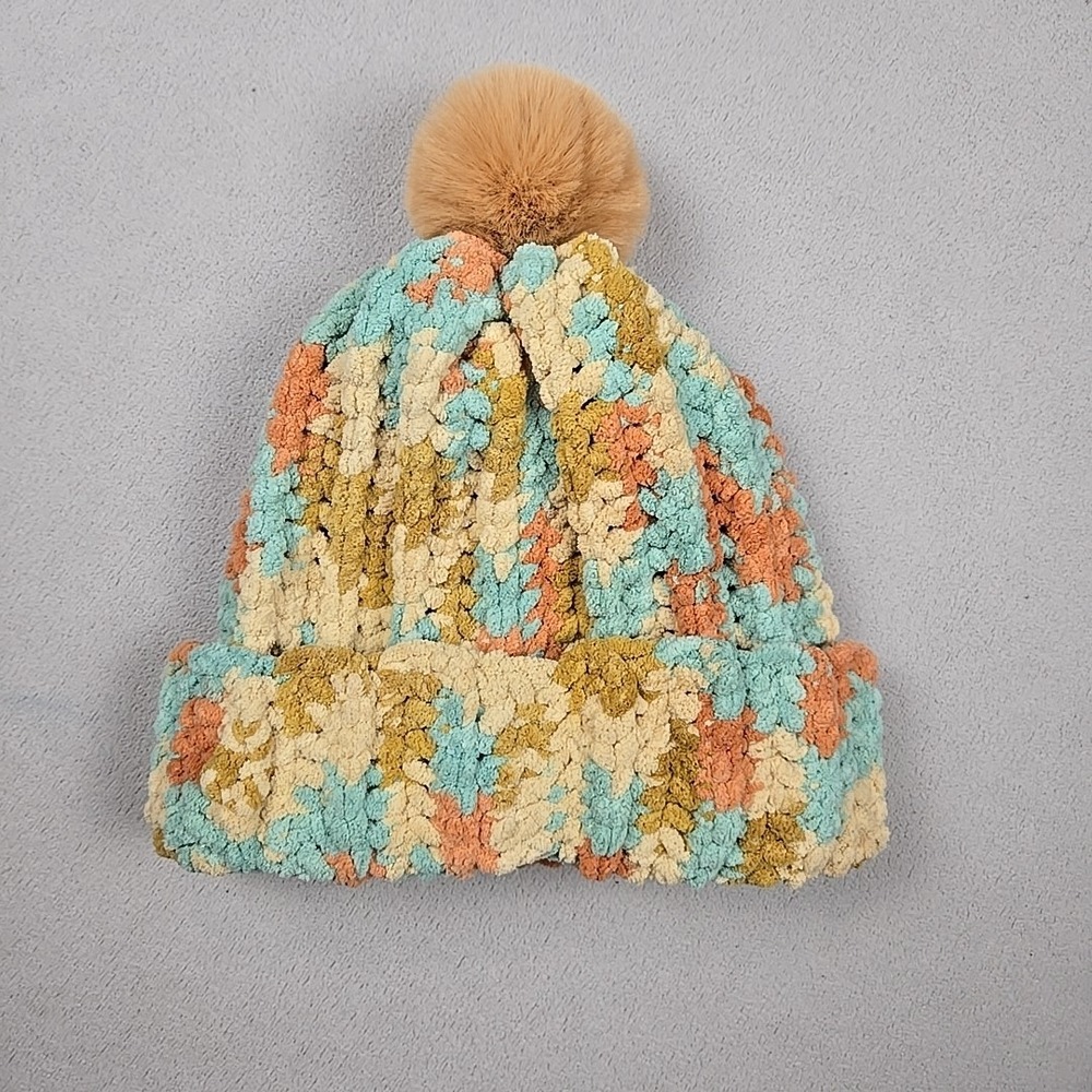 Chunky Knit Pom-Pom Beanie Hat – Multicolor Chenille – One Size About 19" Around